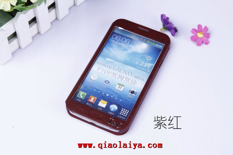 Rose Samsung i9205 téléphone coque toute la fenêtre Galaxy Mega 6.3 étui en cuir