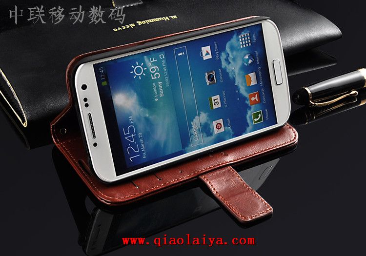 Samsung i9500 Galaxy S4 téléphone d'affaires coque étui de protection à clapet en cuir brun