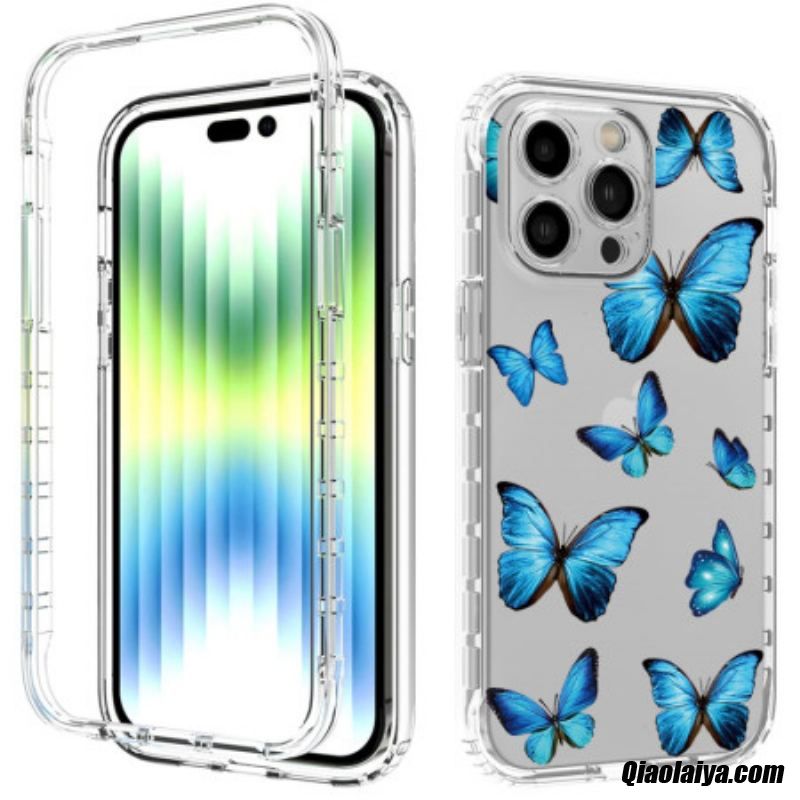 Coque Iphone 14 Pro Max Renforcée Papillons Bleus
