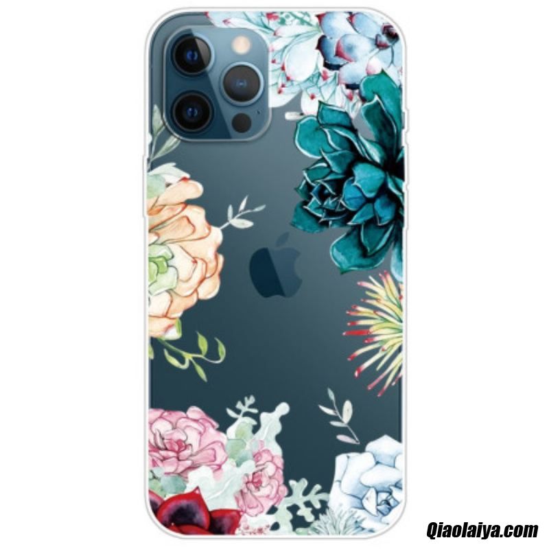 Coque Iphone 14 Pro Transparente Fleurs Aquarelle