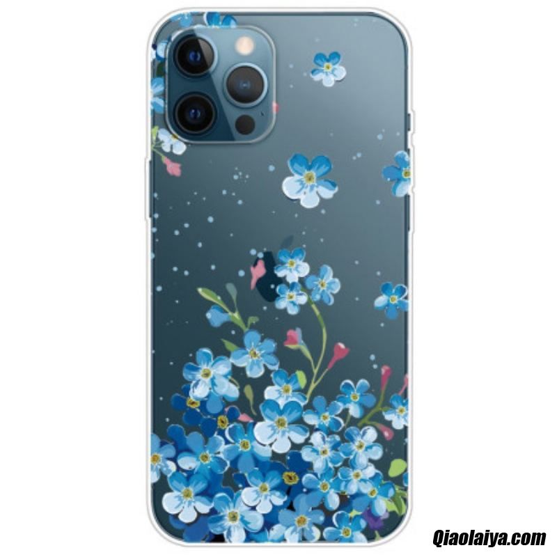 Coque Iphone 14 Pro Transparente Fleurs Bleues
