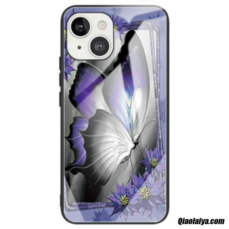 Coque Iphone 14 Verre Trempé Papillon Violet