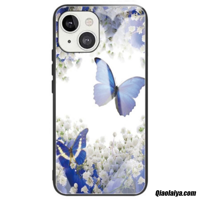 Coque Iphone 14 Verre Trempé Papillons Bleus