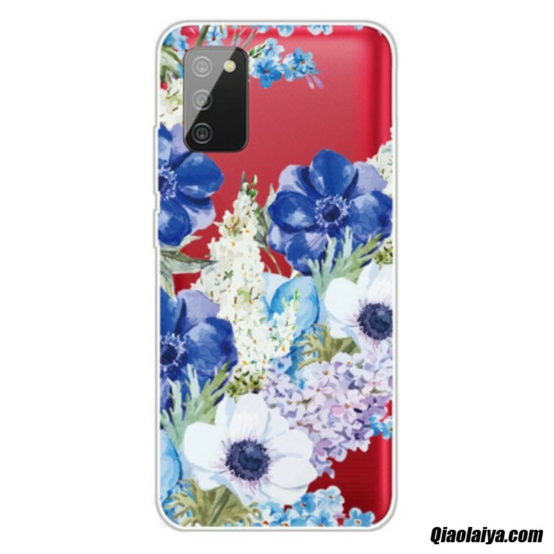 Coque Samsung Galaxy A02s Transparente Fleurs Bleues Aquarelle