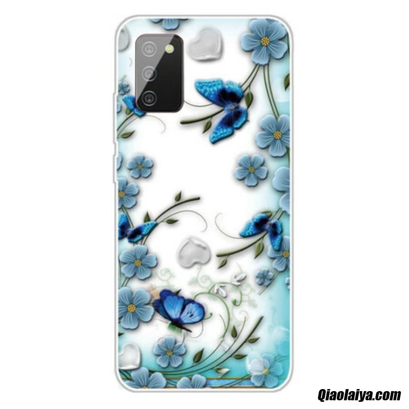 Coque Samsung Galaxy A02s Transparente Papillons Et Fleurs Rétros