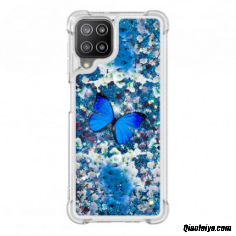Coque Samsung Galaxy A22 4g Papillons Bleus Paillettes
