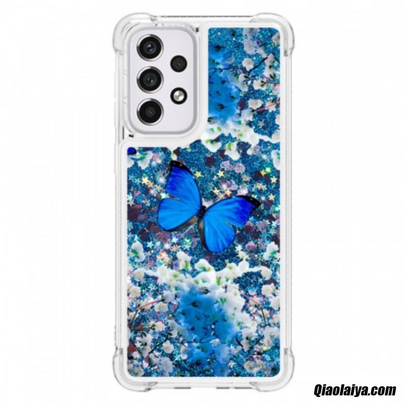 Coque Samsung Galaxy A33 5g Papillons Bleus Paillettes