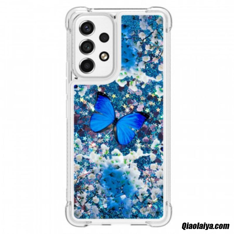 Coque Samsung Galaxy A53 5g Papillons Bleus Paillettes