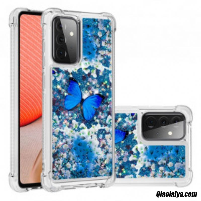 Coque Samsung Galaxy A72 4g / A72 5g Papillons Bleus Paillettes