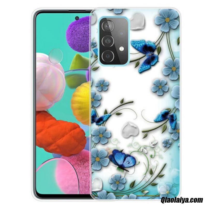 Coque Samsung Galaxy A72 4g / A72 5g Papillons Et Fleurs Rétros