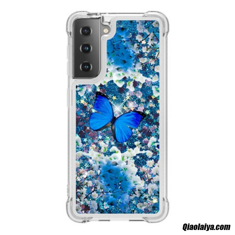 Coque Samsung Galaxy S21 5g Papillons Bleus Paillettes