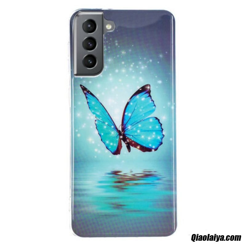 Coque Samsung Galaxy S21 Fe Papillon Bleu Fluorescente