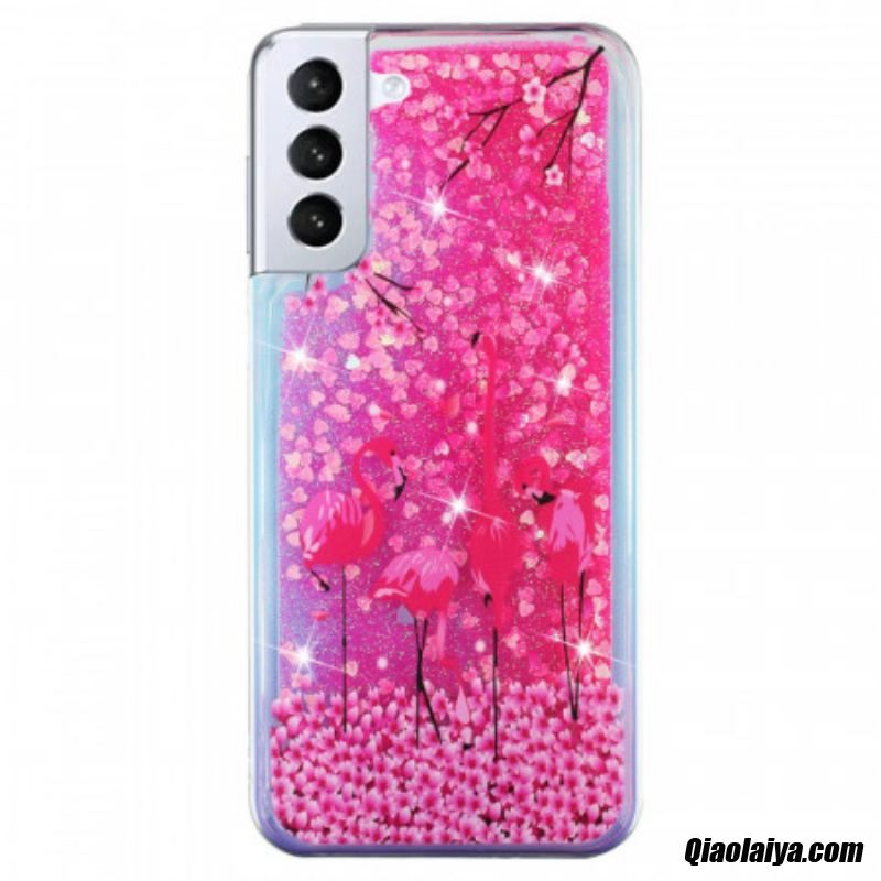 Coque Samsung Galaxy S22 5g Paillettes Flamants Roses
