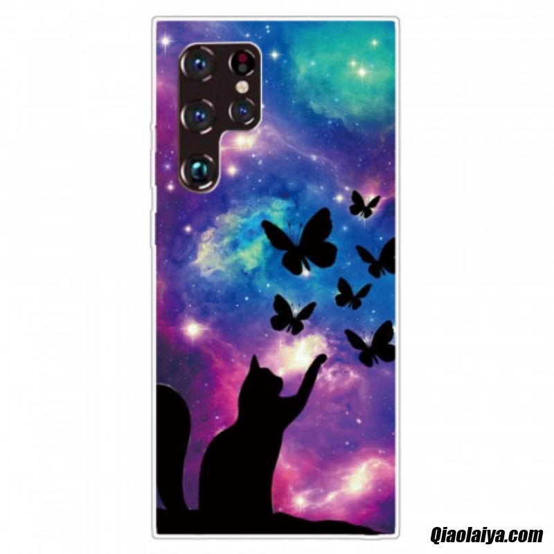 Coque Samsung Galaxy S22 Ultra 5g Chat Et Papillons Dans L'espace