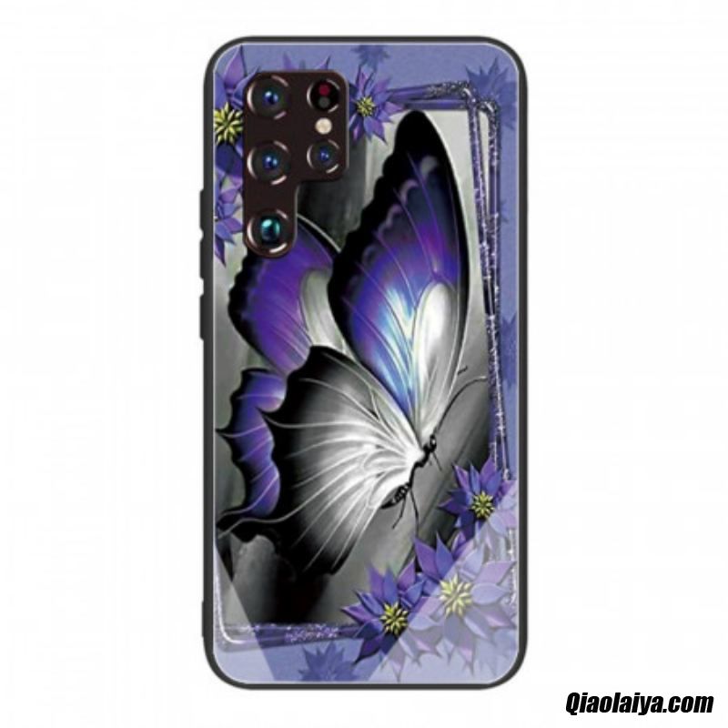 Coque Samsung Galaxy S22 Ultra 5g Verre Trempé Papillon Violet