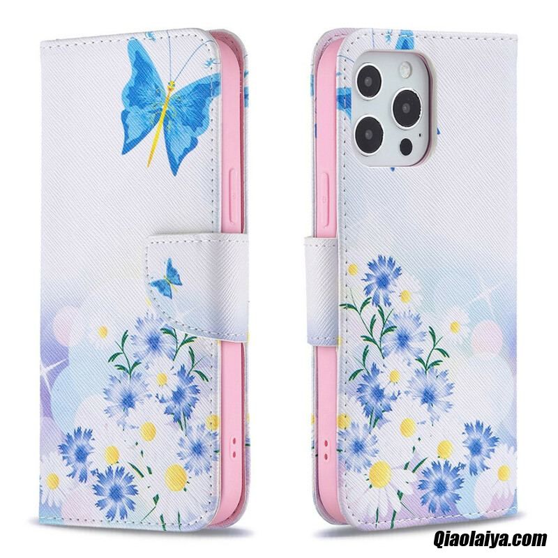 Housse Iphone 13 Pro Max Papillons Et Fleurs Peints