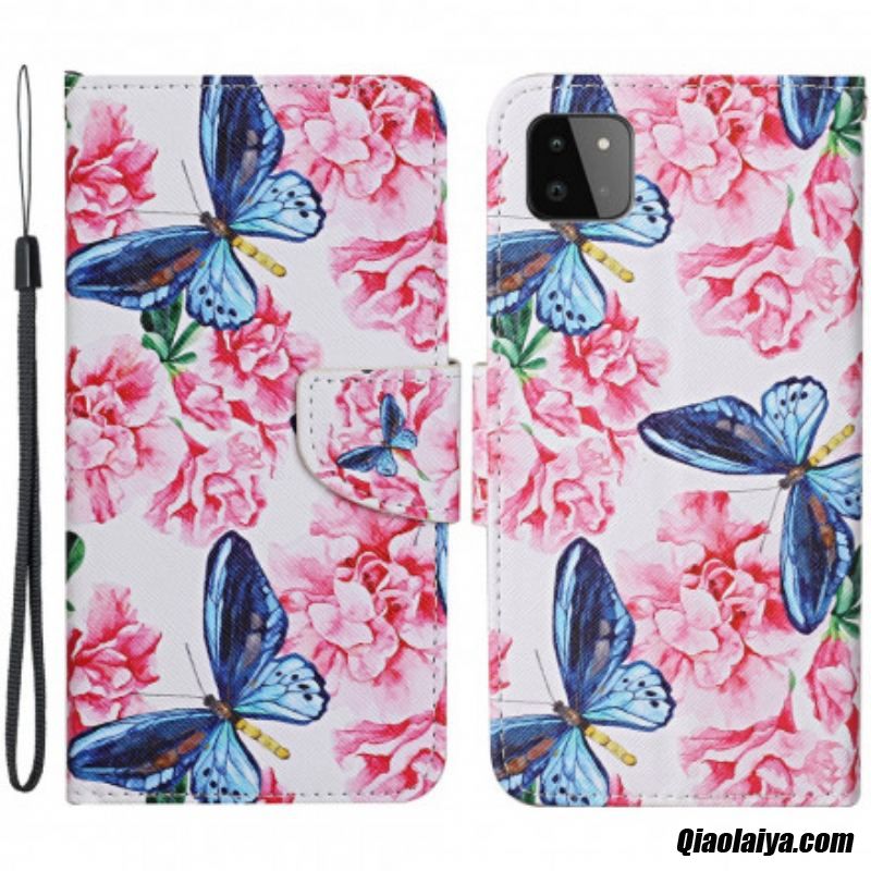 Housse Samsung Galaxy A22 5g Papillons Floraux Lanière