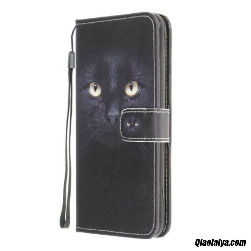 Housse Samsung Galaxy A42 5g Yeux De Chat Noir À Lanière